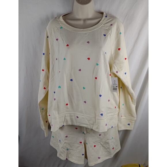 NWT Wildfox Cream Colorful Heart Print Crop Sweatshort Shorts Set - Picture 1 of 2